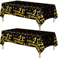 Homvibe 2 Pack Black Gold 21st Happy Birthday Tablecloth, 108 x 54 Inch Plastic Table Cover, Waterproof Rectangular Table Cloth Cover for Indoor Outdoor Birthday Party Decorations