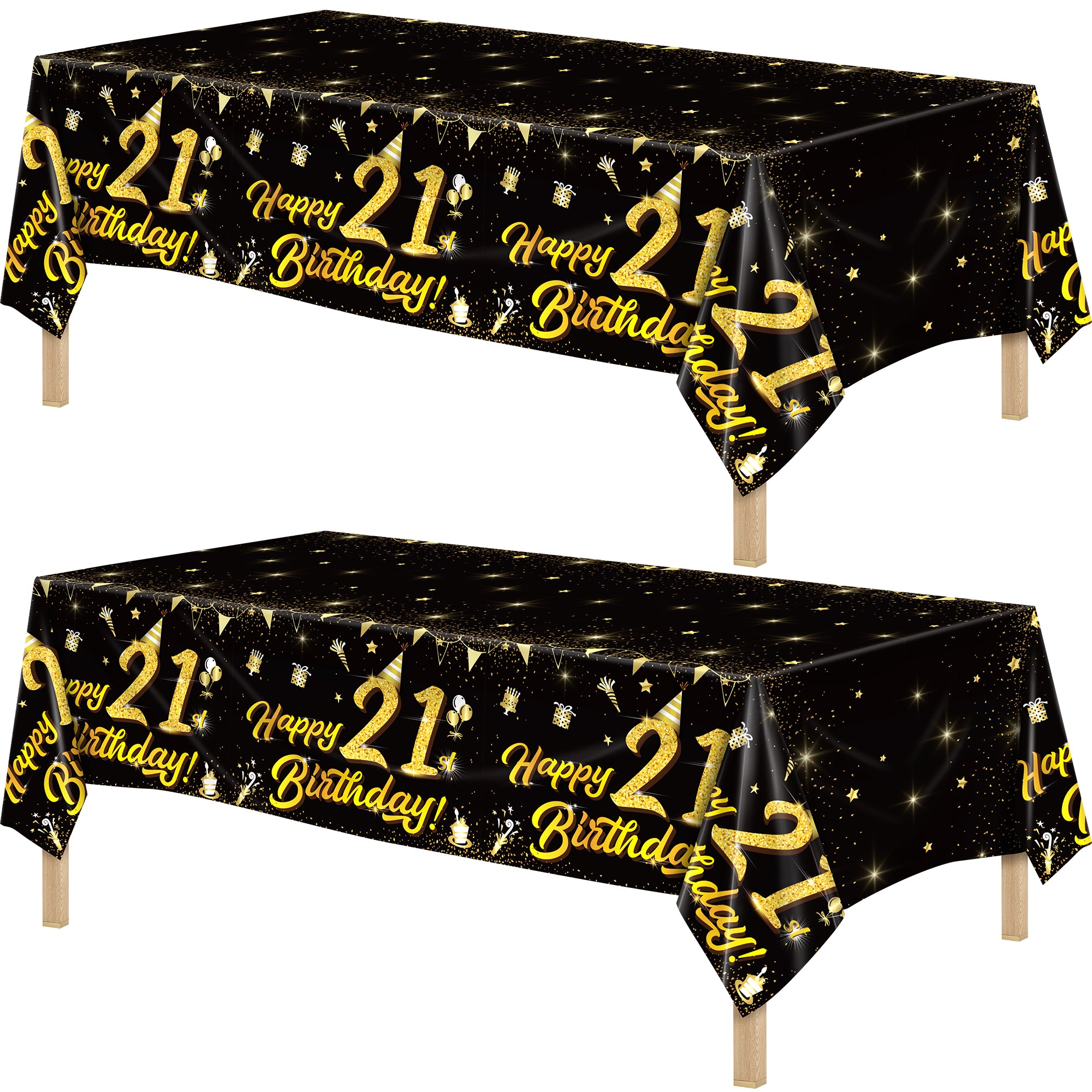 Homvibe 2 Pack Black Gold 21st Happy Birthday Tablecloth, 108 x 54 Inch Plastic Table Cover, Waterproof Rectangular Table Cloth Cover for Indoor Outdoor Birthday Party Decorations