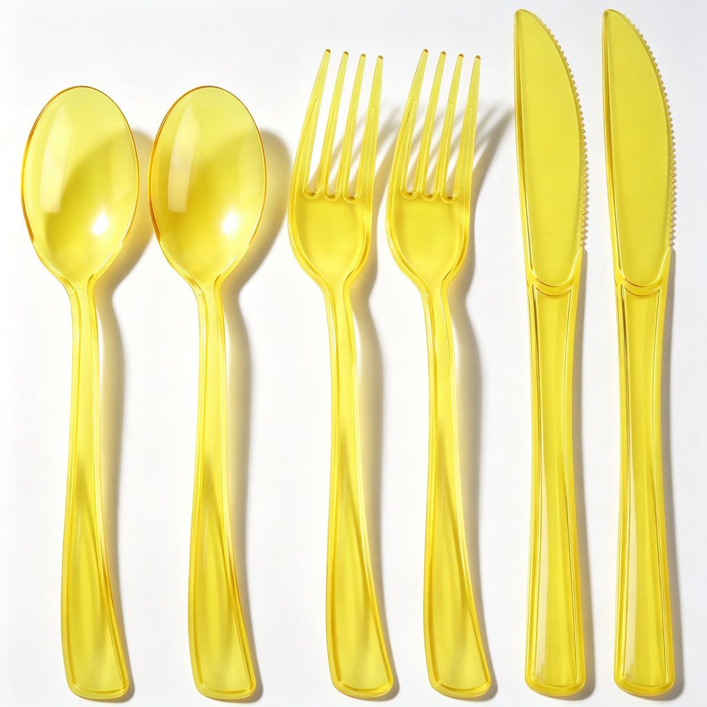 Homvibe Yellow Cutlery Set 6 Piece Clear Plastic Fork Knife Spoon 2 Sets Reusable Flatware Lightweight Utensils for Picnic, Party, Travel, Office, Home