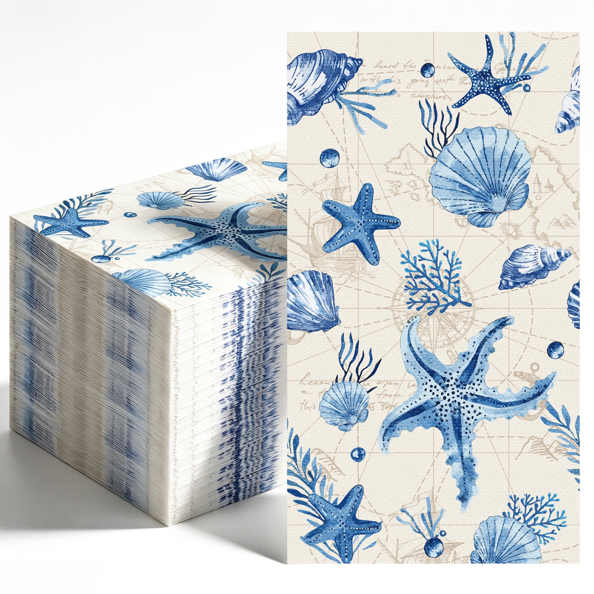 Homvibe 200PCS Ocean Themed Napkins Starfish Shell Coral Napkins Blue White Watercolor Disposable Paper Napkins for Sea Life Party Coastal Beach Wedding Summer Tableware