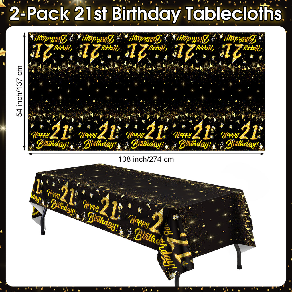 Homvibe 2 Pack Black Gold 21st Happy Birthday Tablecloth, 108 x 54 Inch Plastic Table Cover, Waterproof Rectangular Table Cloth Cover for Indoor Outdoor Birthday Party Decorations