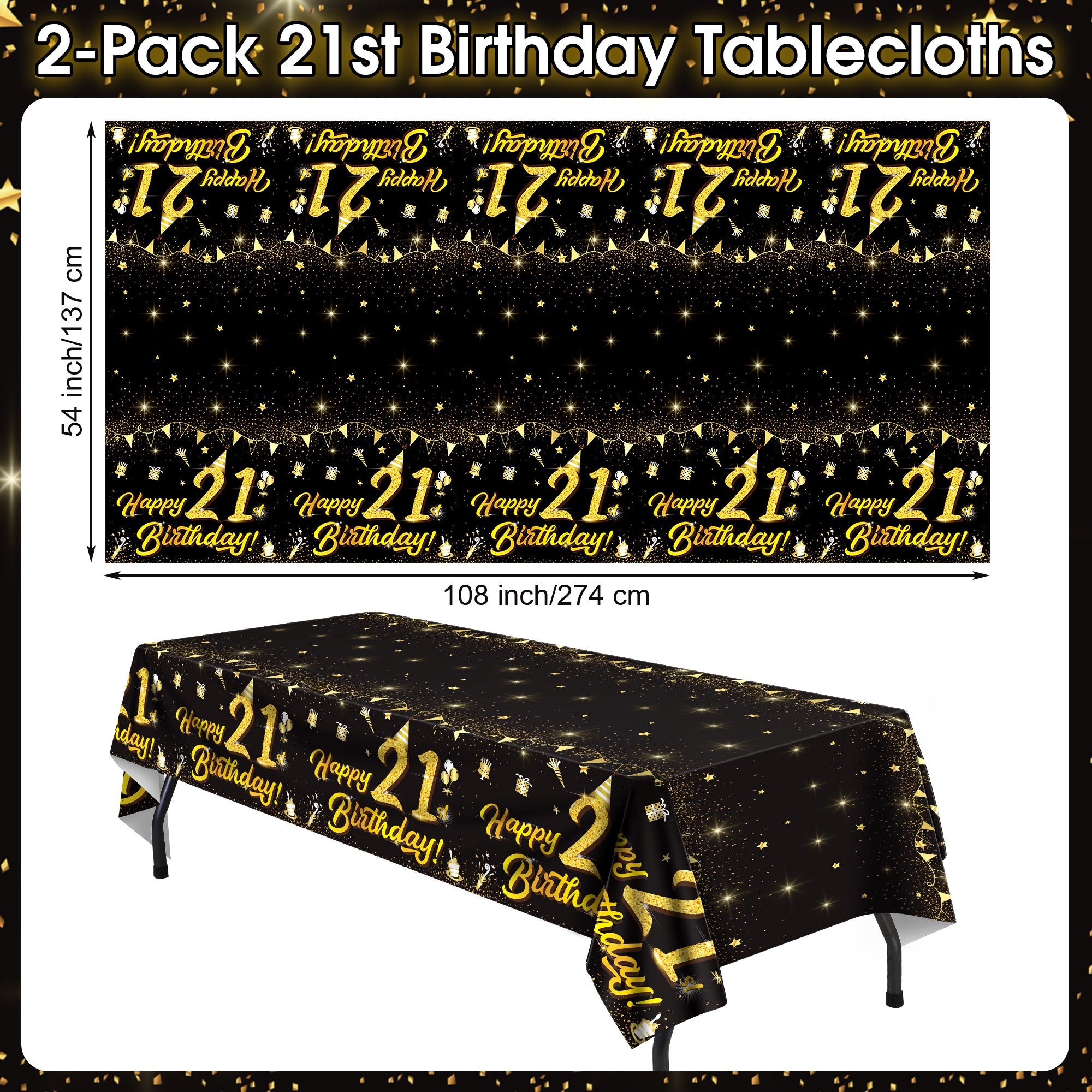 Homvibe 2 Pack Black Gold 21st Happy Birthday Tablecloth, 108 x 54 Inch Plastic Table Cover, Waterproof Rectangular Table Cloth Cover for Indoor Outdoor Birthday Party Decorations