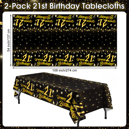 Homvibe 2 Pack Black Gold 21st Happy Birthday Tablecloth, 108 x 54 Inch Plastic Table Cover, Waterproof Rectangular Table Cloth Cover for Indoor Outdoor Birthday Party Decorations