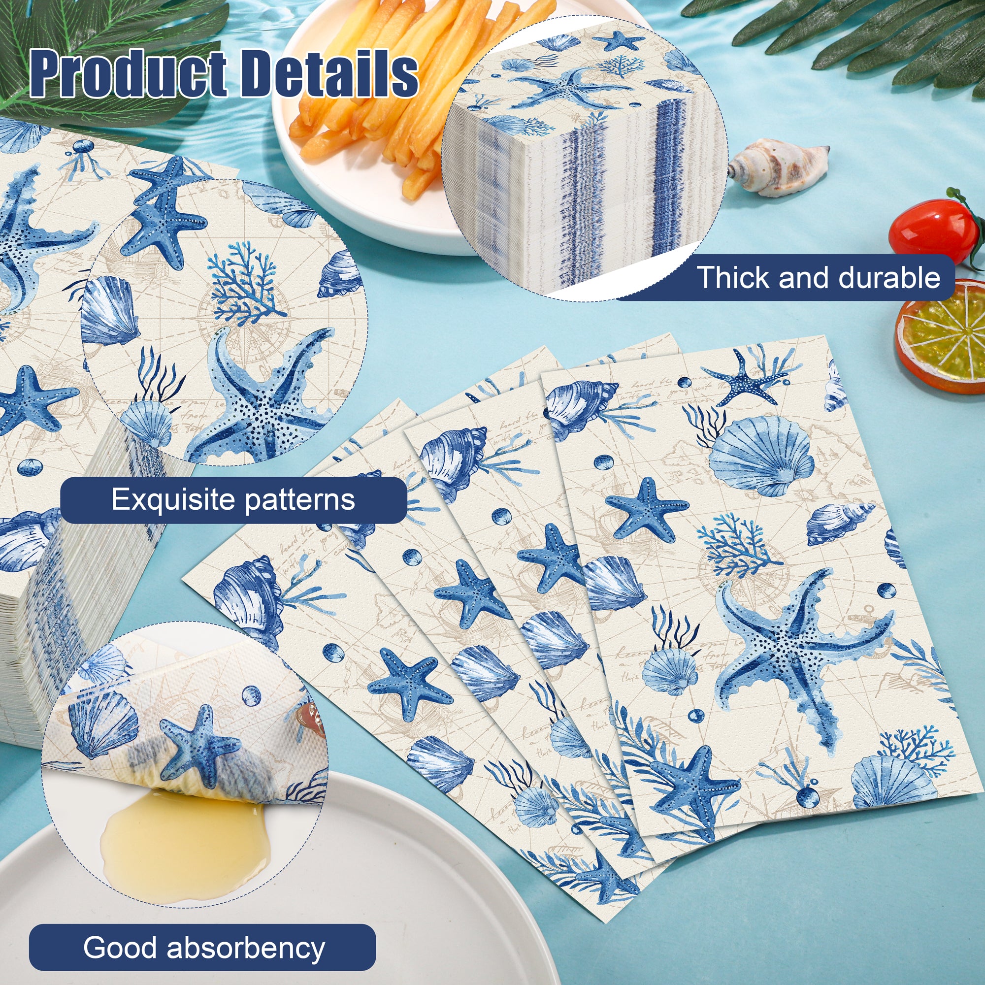 Homvibe 200PCS Ocean Themed Napkins Starfish Shell Coral Napkins Blue White Watercolor Disposable Paper Napkins for Sea Life Party Coastal Beach Wedding Summer Tableware