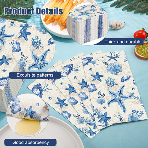 Homvibe 200PCS Ocean Themed Napkins Starfish Shell Coral Napkins Blue White Watercolor Disposable Paper Napkins for Sea Life Party Coastal Beach Wedding Summer Tableware