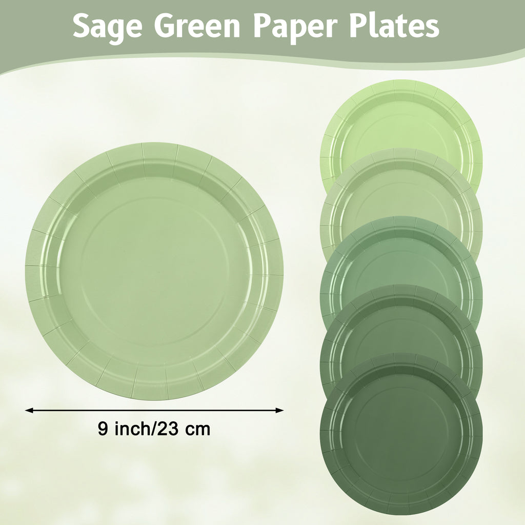 Homvibe Sage Green Paper Plates, 9 Inch Disposable Dinner Plates, Heavy Duty Gradient Green Party Plate for Birthday Bridal Baby Shower Wedding Party Supplies