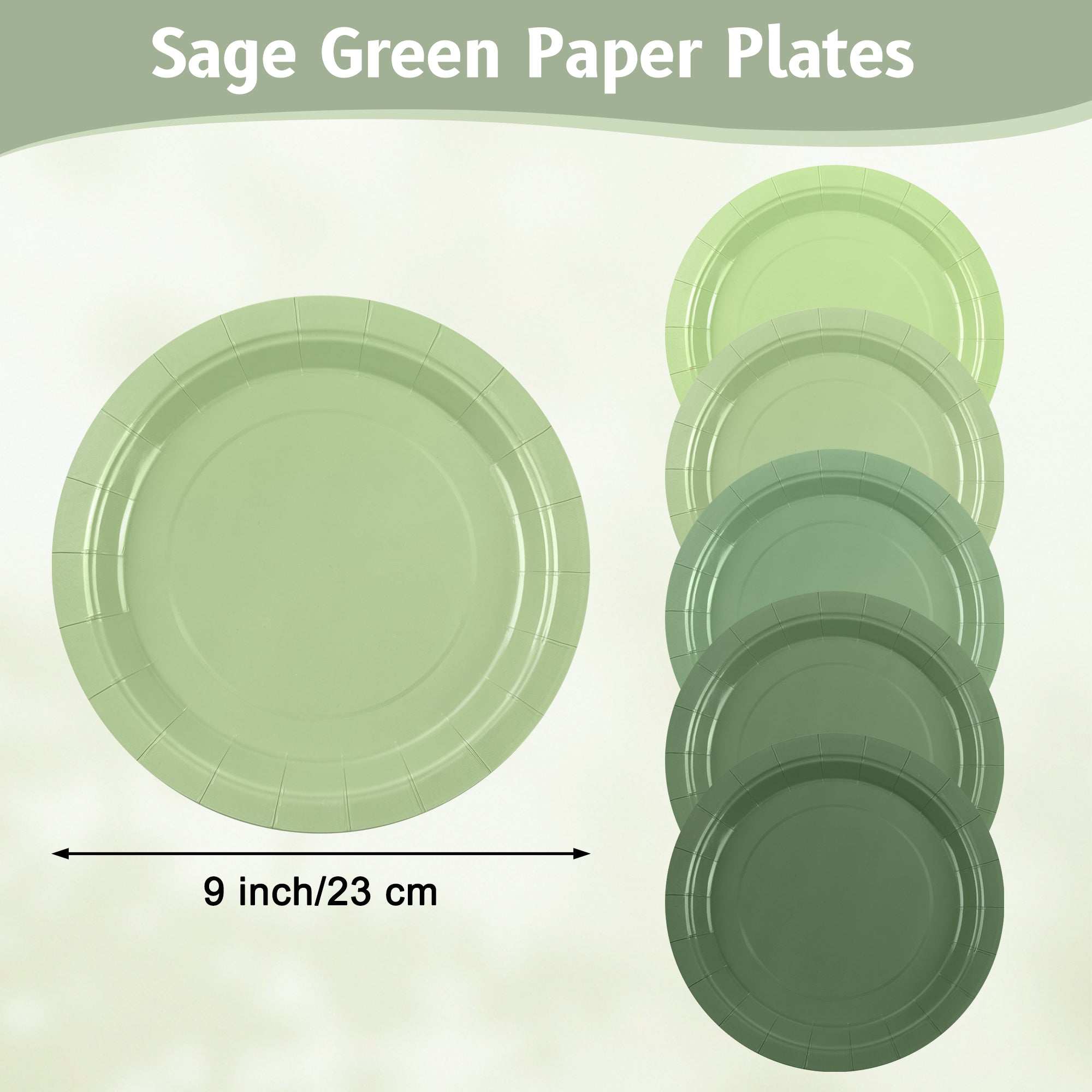 Homvibe Sage Green Paper Plates, 9 Inch Disposable Dinner Plates, Heavy Duty Gradient Green Party Plate for Birthday Bridal Baby Shower Wedding Party Supplies