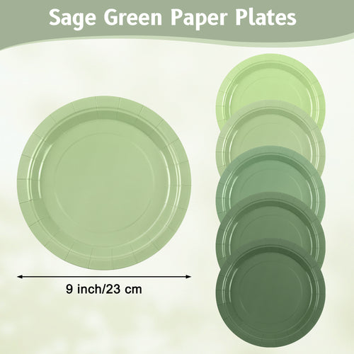 Homvibe Sage Green Paper Plates, 9 Inch Disposable Dinner Plates, Heavy Duty Gradient Green Party Plate for Birthday Bridal Baby Shower Wedding Party Supplies