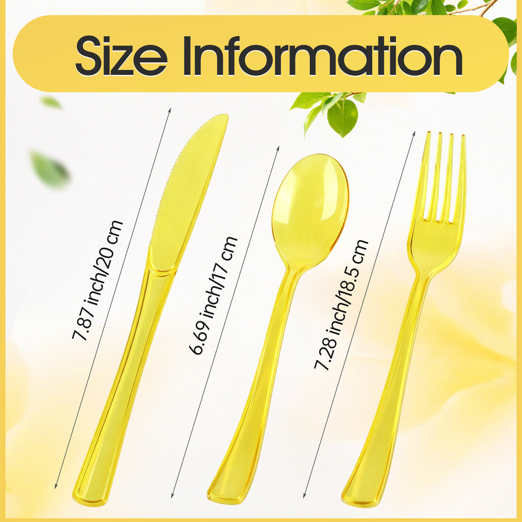 Homvibe Yellow Cutlery Set 6 Piece Clear Plastic Fork Knife Spoon 2 Sets Reusable Flatware Lightweight Utensils for Picnic, Party, Travel, Office, Home