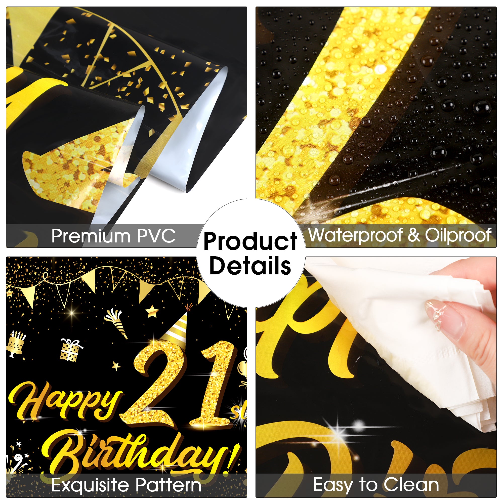 Homvibe 2 Pack Black Gold 21st Happy Birthday Tablecloth, 108 x 54 Inch Plastic Table Cover, Waterproof Rectangular Table Cloth Cover for Indoor Outdoor Birthday Party Decorations