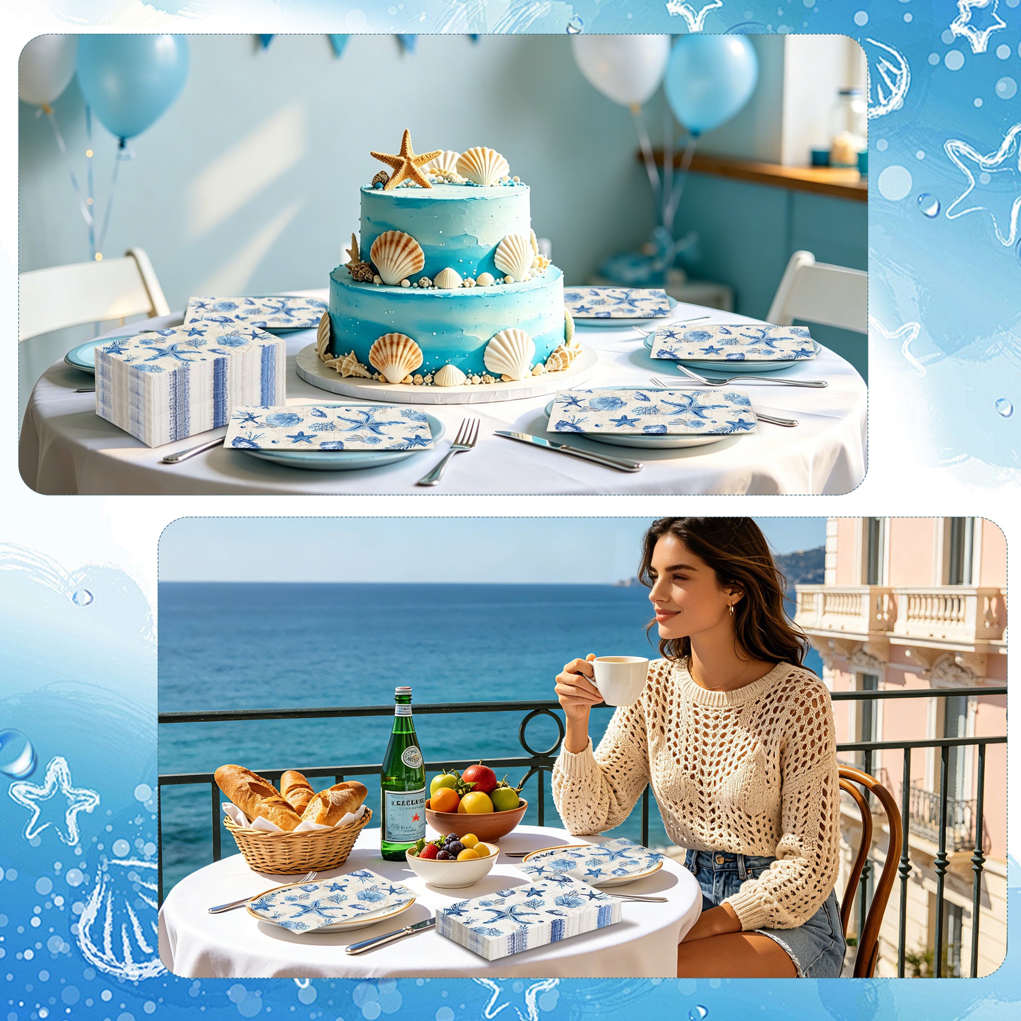 Homvibe 200PCS Ocean Themed Napkins Starfish Shell Coral Napkins Blue White Watercolor Disposable Paper Napkins for Sea Life Party Coastal Beach Wedding Summer Tableware