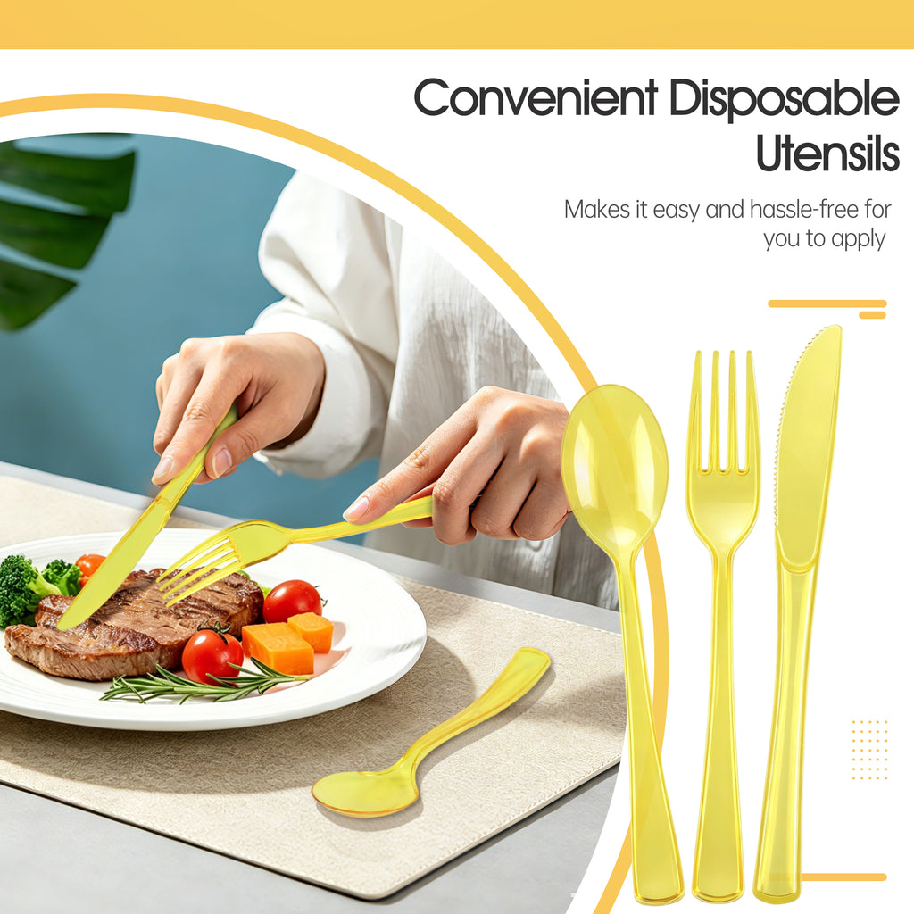 Homvibe Yellow Cutlery Set 6 Piece Clear Plastic Fork Knife Spoon 2 Sets Reusable Flatware Lightweight Utensils for Picnic, Party, Travel, Office, Home