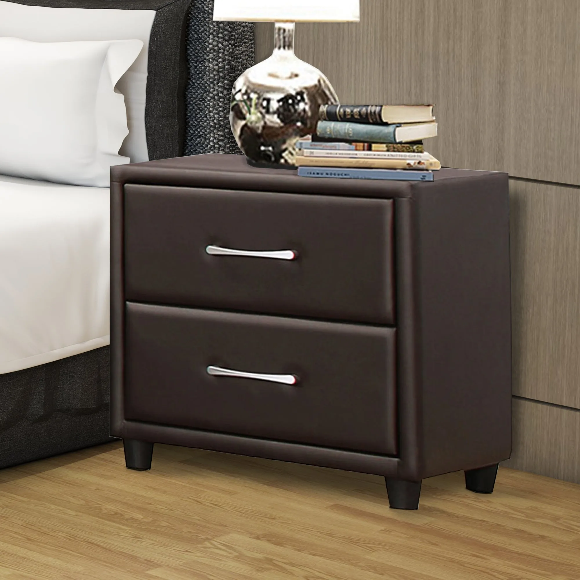 2 Drawer Night Stand In Wood And Pvc, Black By Benzara