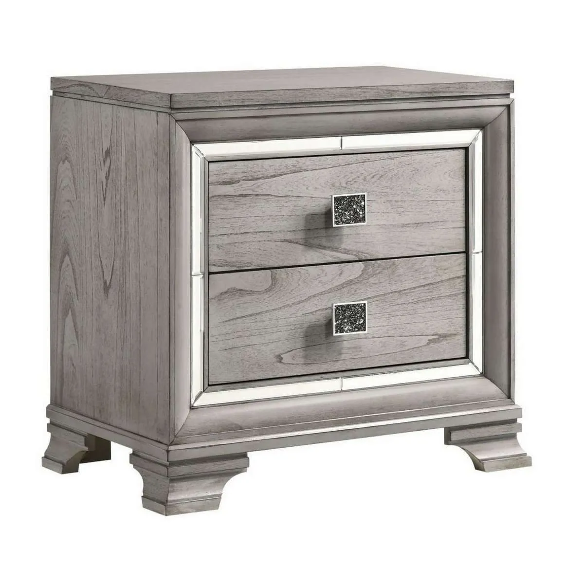 2 Drawer Nightstand With Mirror Accent And Bracket Feet, Light Gray By Benzara