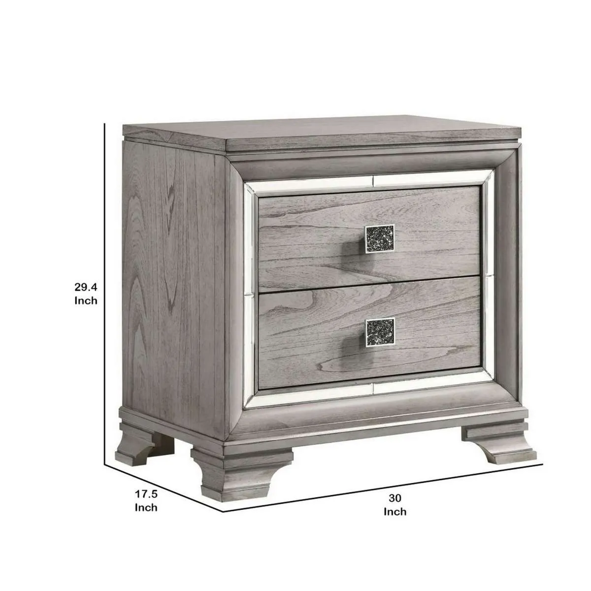 2 Drawer Nightstand With Mirror Accent And Bracket Feet, Light Gray By Benzara