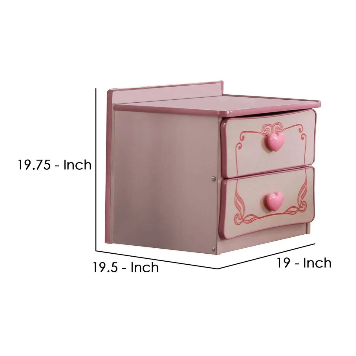 2 Drawer Wooden Nightstand With Heart Knob Pulls, Pink By Benzara