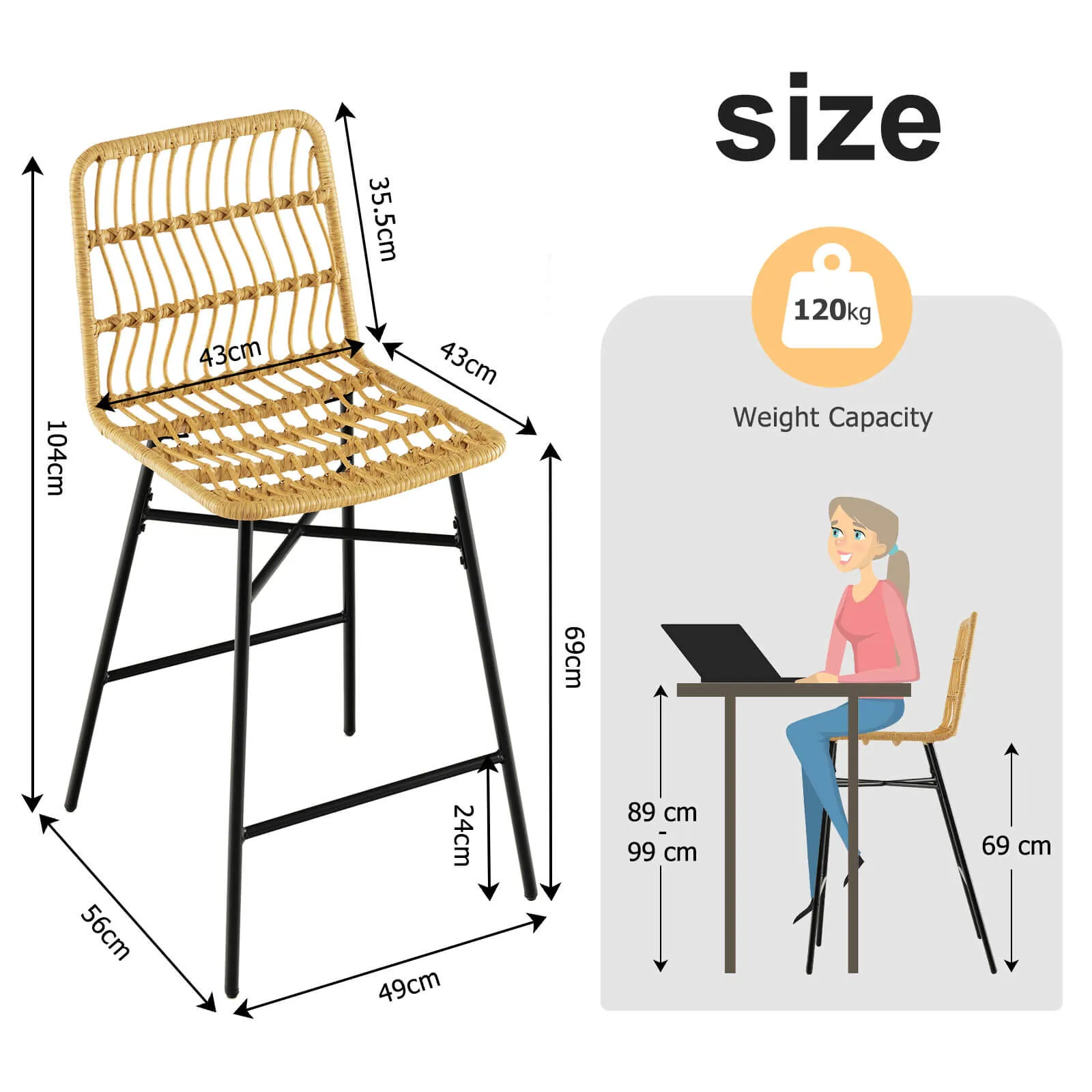 2 Set of Counter Height Rattan Dining Chair with Sturdy Metal Frame-Yellow