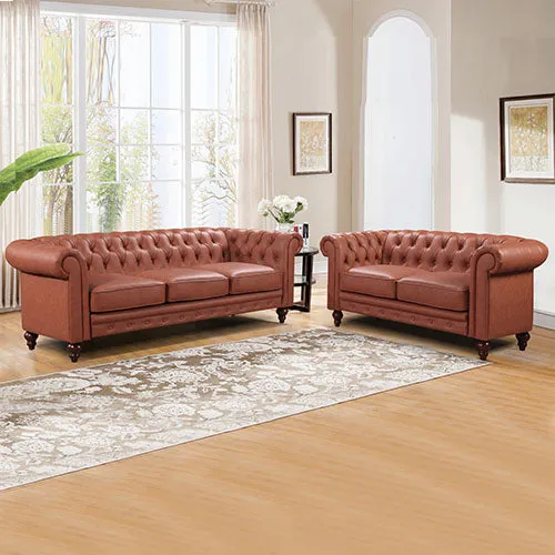 3 2 Seater Brown Sofa Lounge Chesterfireld Style Button Tufted in Faux Leather