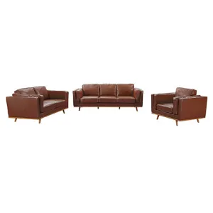 3 2Seater Sofa Brown Leather Lounge Set for Living Room Couch with Wooden Frame