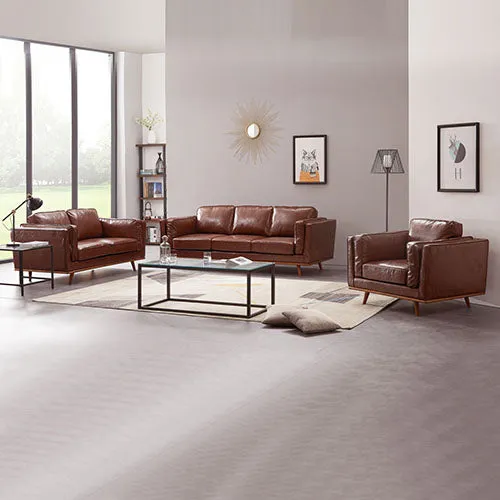 3 2Seater Sofa Brown Leather Lounge Set for Living Room Couch with Wooden Frame