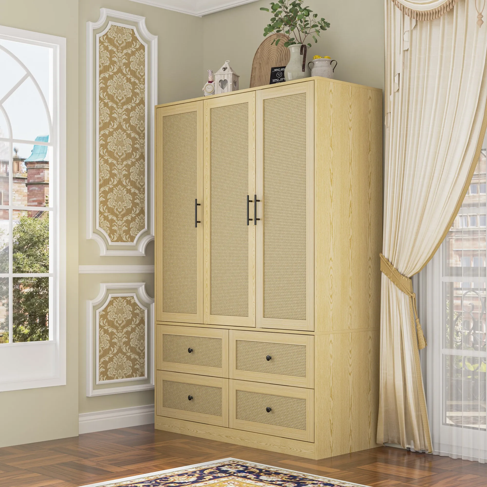 47.2"W Modern Rattan Door Armoire with Spacious Storage Wardrobe