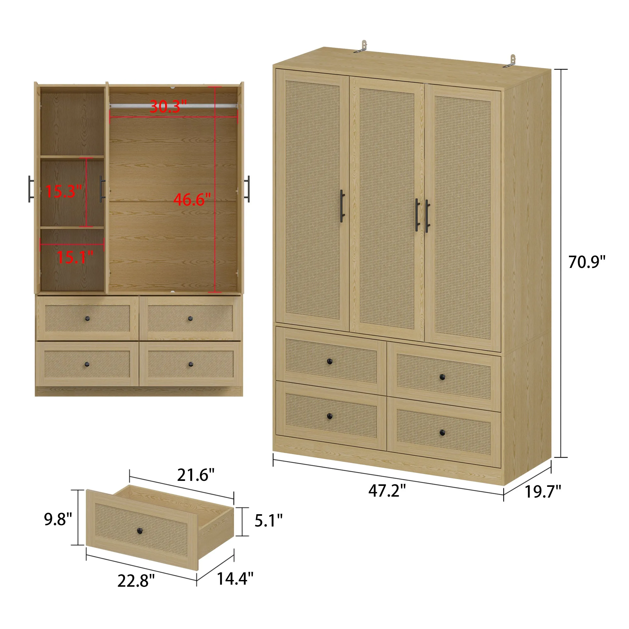 47.2"W Modern Rattan Door Armoire with Spacious Storage Wardrobe