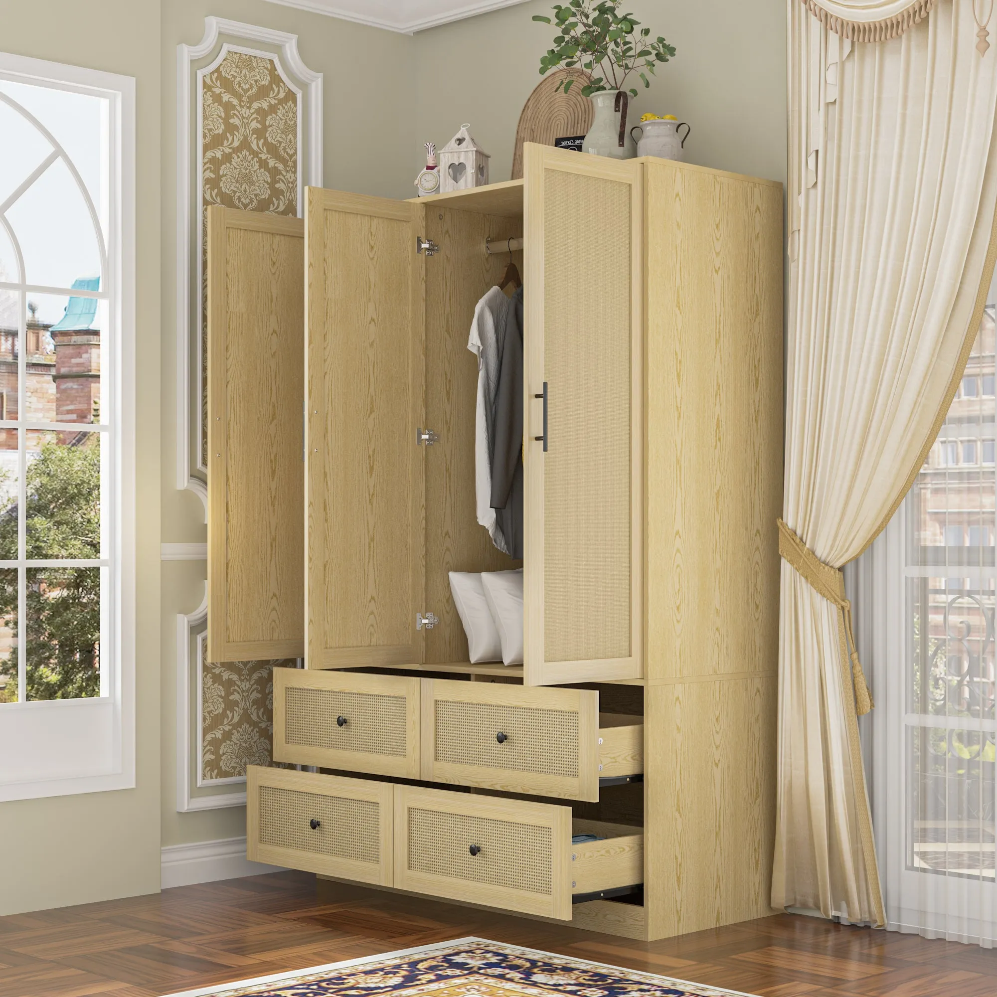 47.2"W Modern Rattan Door Armoire with Spacious Storage Wardrobe