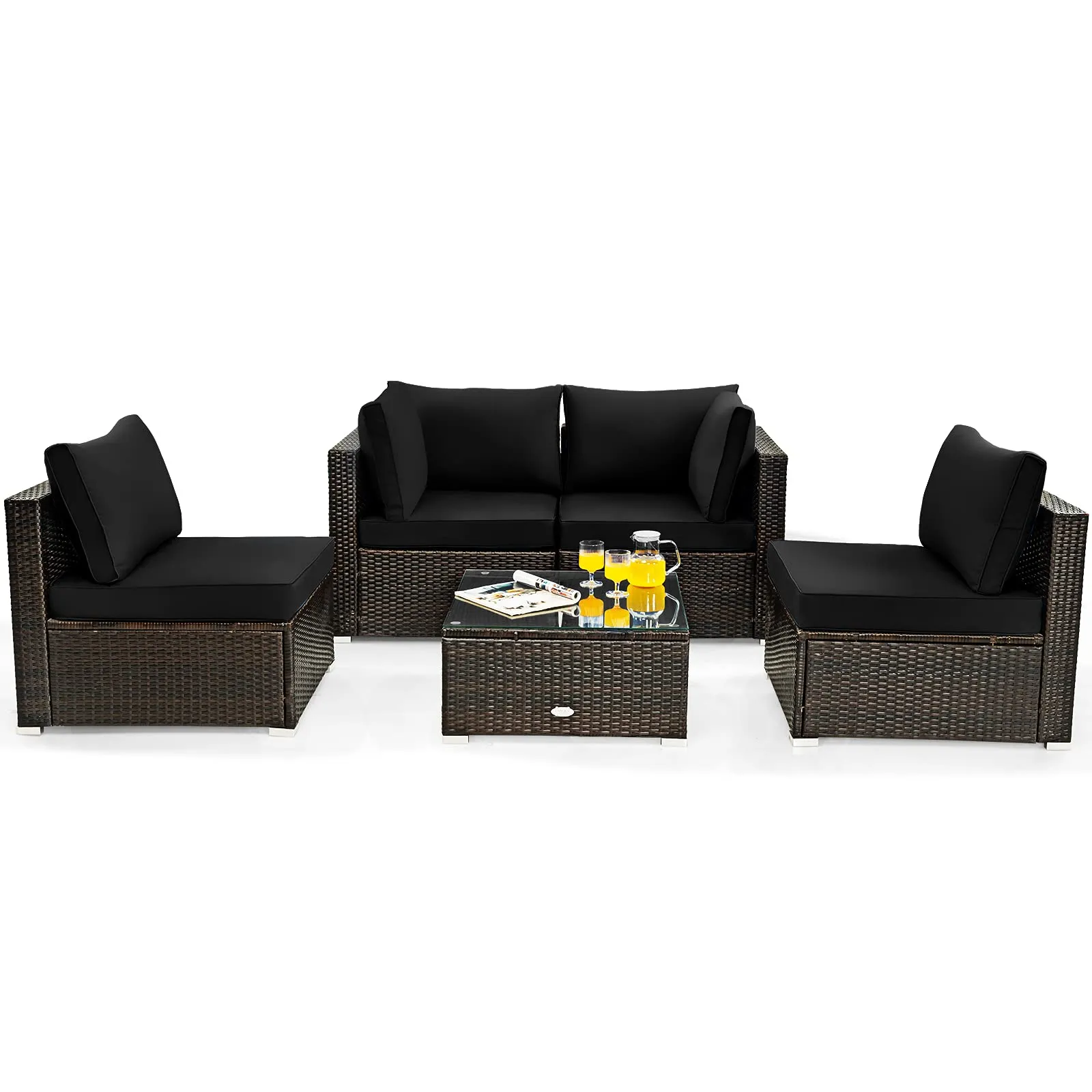 5 Pieces Patio Furniture Set, All Weather Wicker L-Shaped Corner Sofa Set w/Soft Cushions