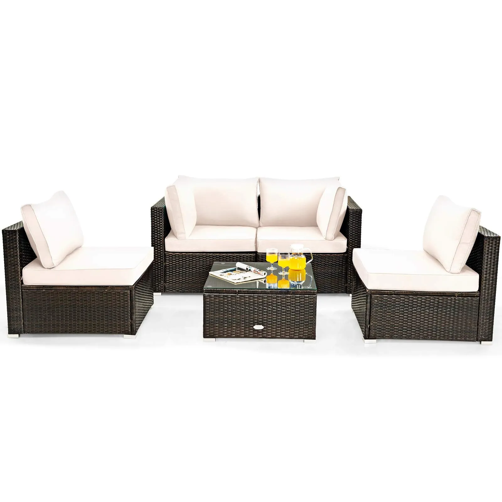 5 Pieces Patio Furniture Set, All Weather Wicker L-Shaped Corner Sofa Set w/Soft Cushions