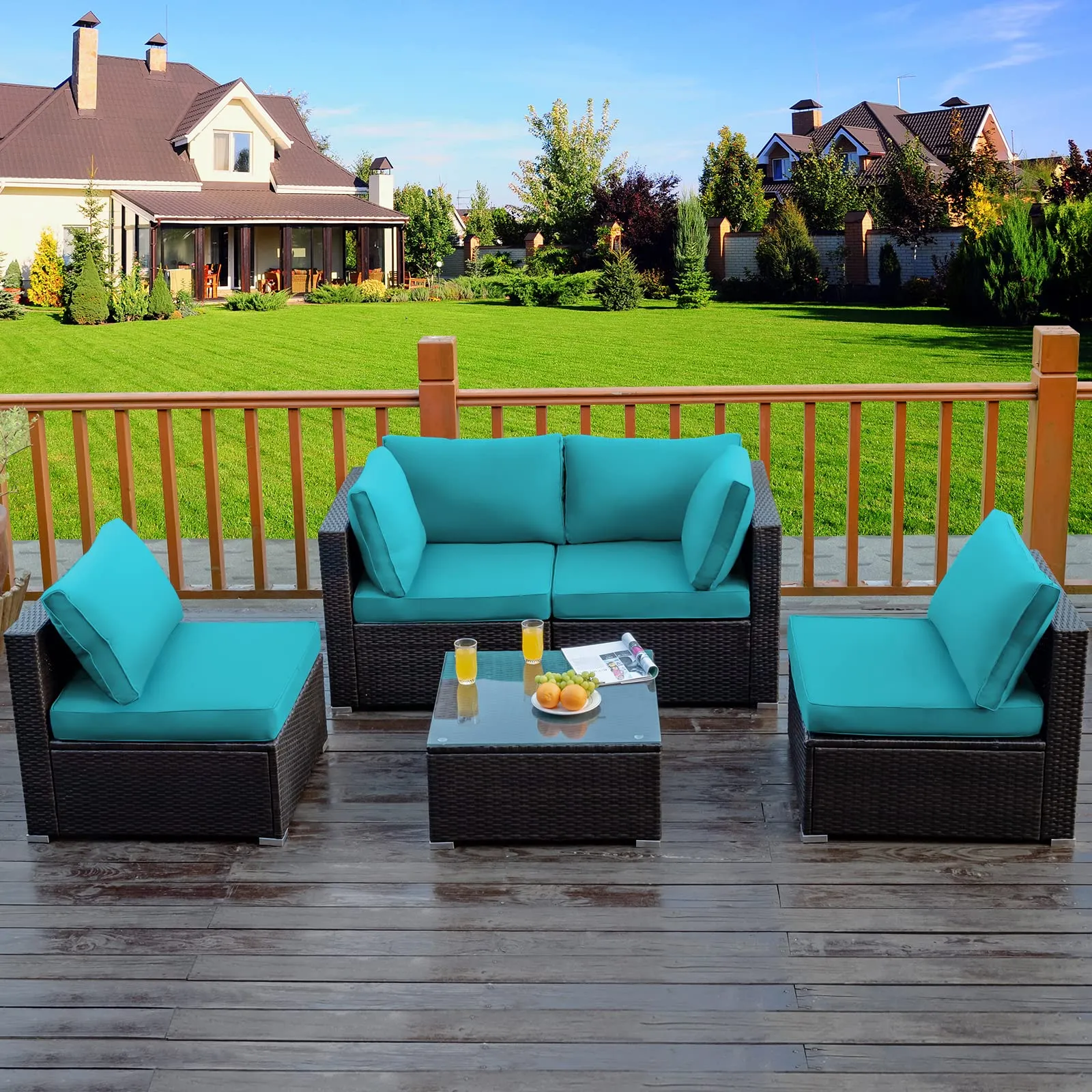 5 Pieces Patio Furniture Set, All Weather Wicker L-Shaped Corner Sofa Set w/Soft Cushions