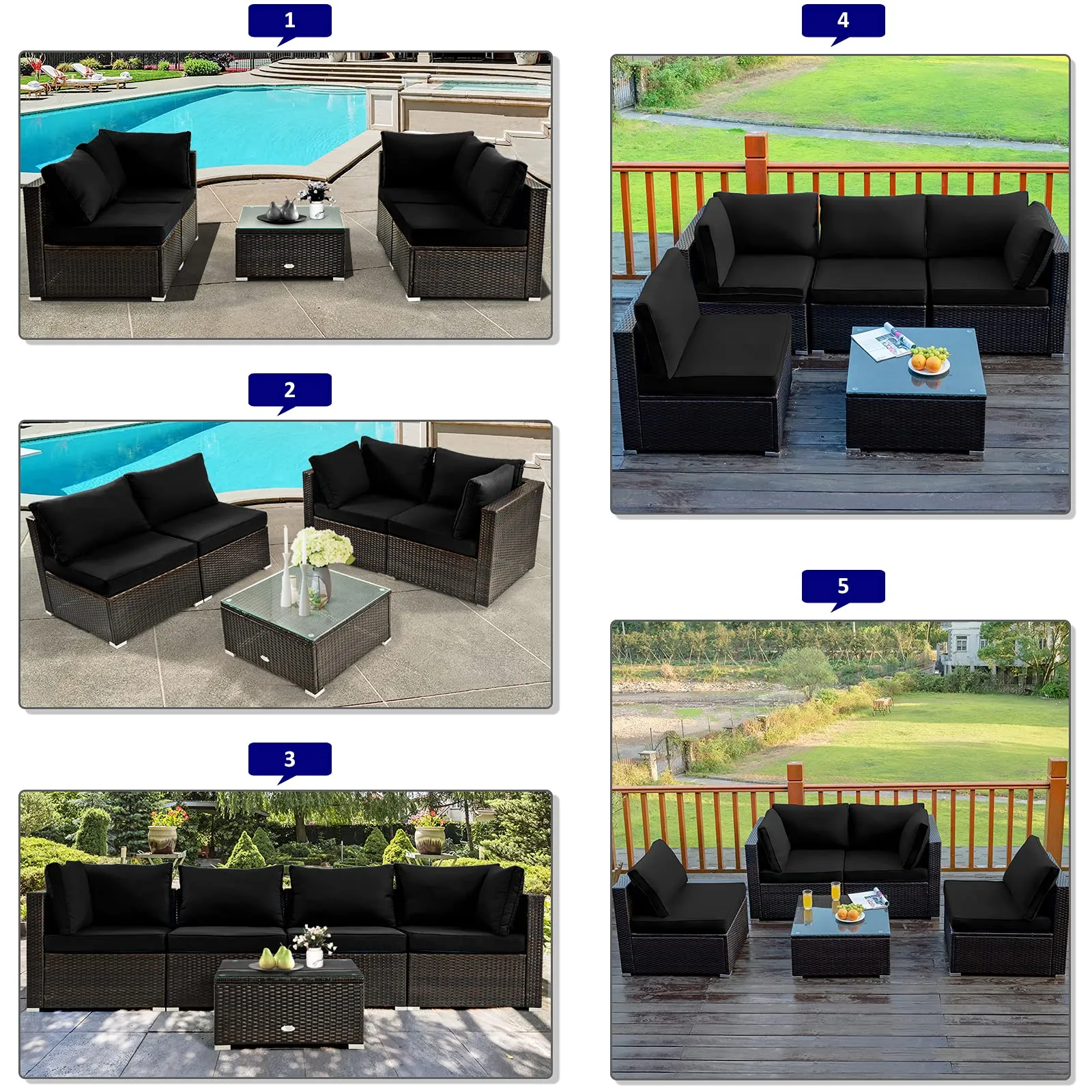 5 Pieces Patio Furniture Set, All Weather Wicker L-Shaped Corner Sofa Set w/Soft Cushions