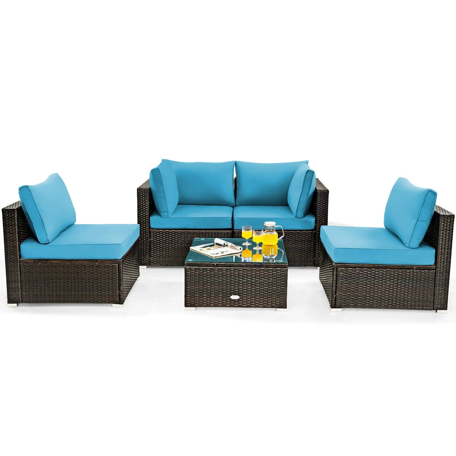 5 Pieces Patio Furniture Set, All Weather Wicker L-Shaped Corner Sofa Set w/Soft Cushions