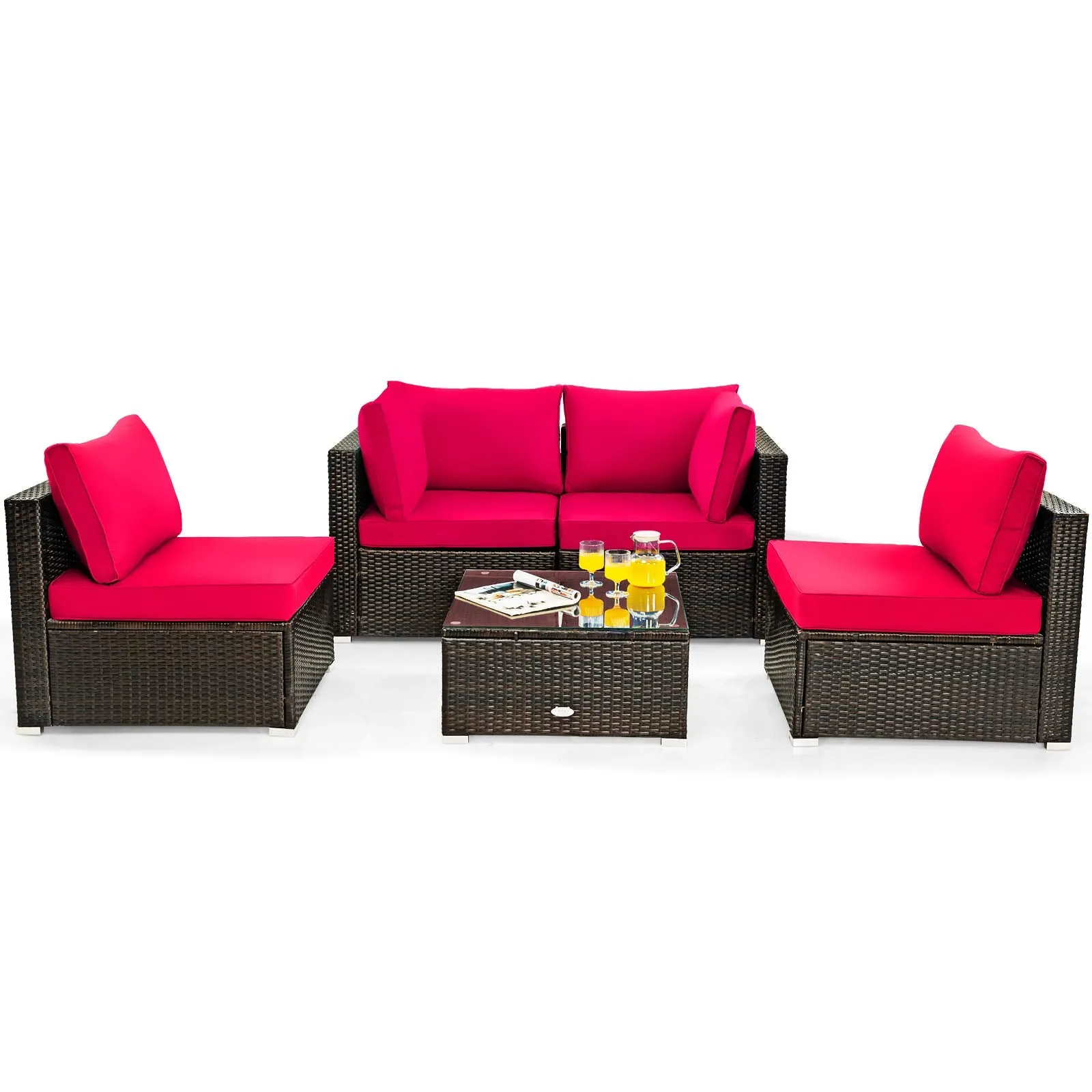 5 Pieces Patio Furniture Set, All Weather Wicker L-Shaped Corner Sofa Set w/Soft Cushions