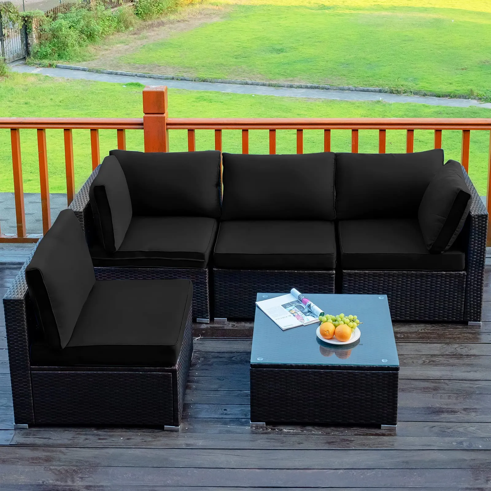 5 Pieces Patio Furniture Set, All Weather Wicker L-Shaped Corner Sofa Set w/Soft Cushions