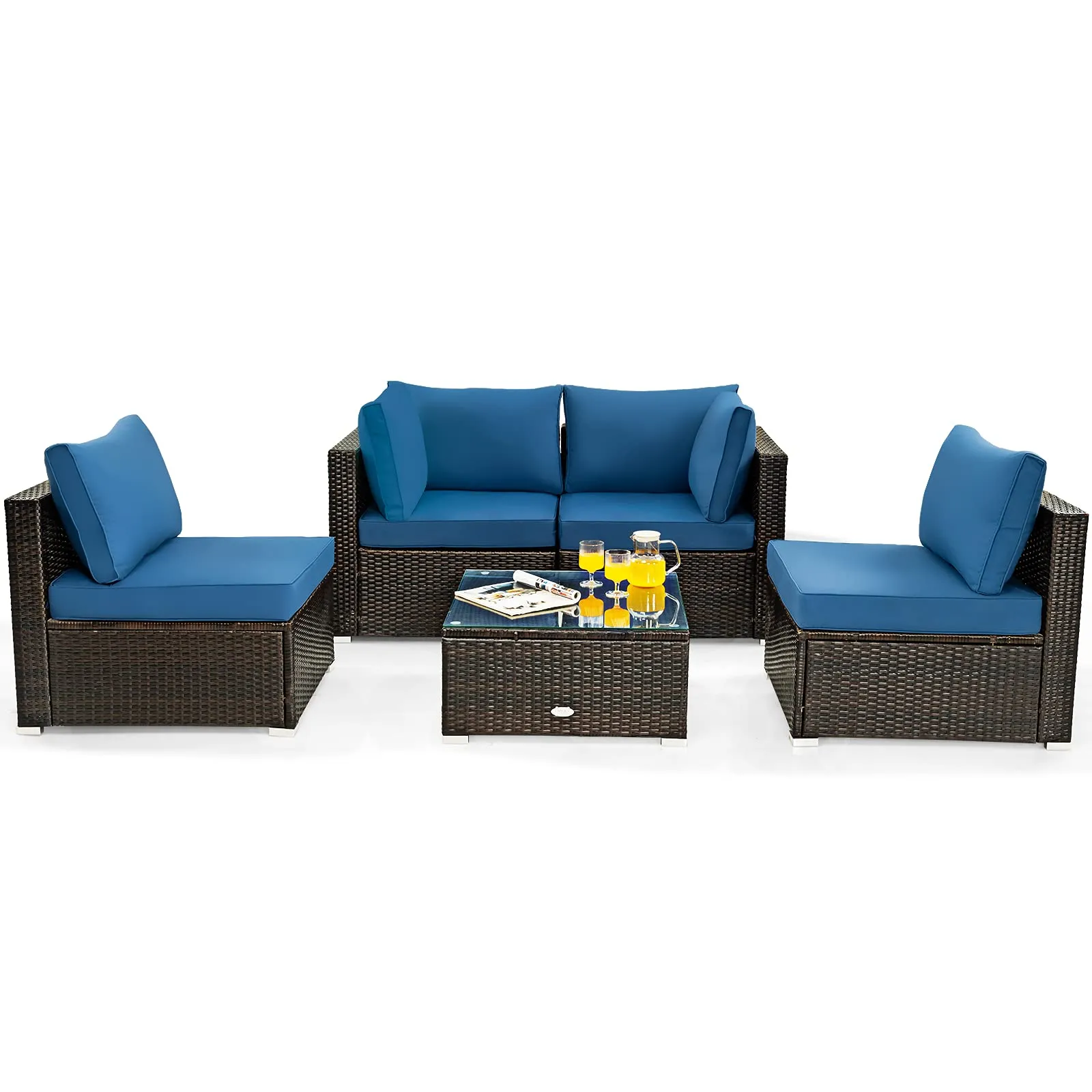 5 Pieces Patio Furniture Set, All Weather Wicker L-Shaped Corner Sofa Set w/Soft Cushions