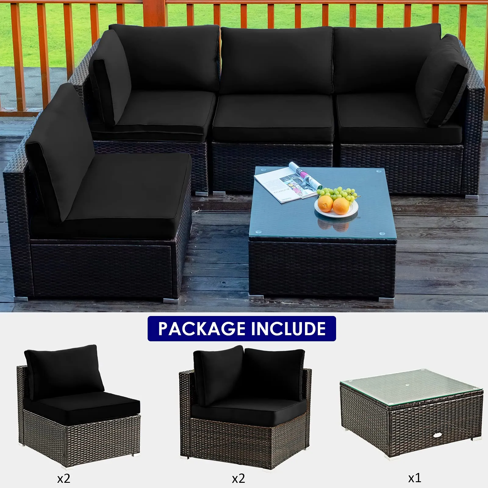 5 Pieces Patio Furniture Set, All Weather Wicker L-Shaped Corner Sofa Set w/Soft Cushions