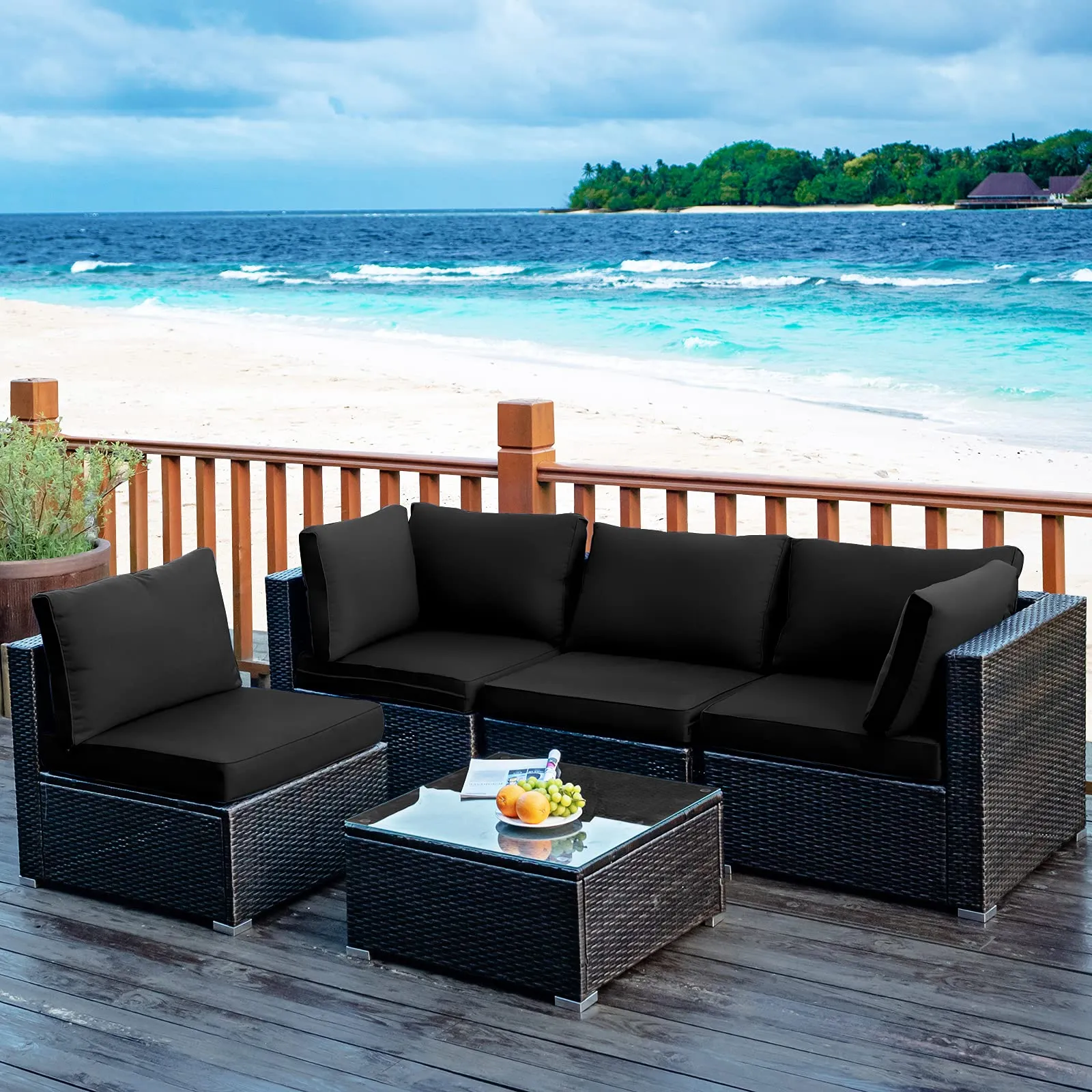 5 Pieces Patio Furniture Set, All Weather Wicker L-Shaped Corner Sofa Set w/Soft Cushions