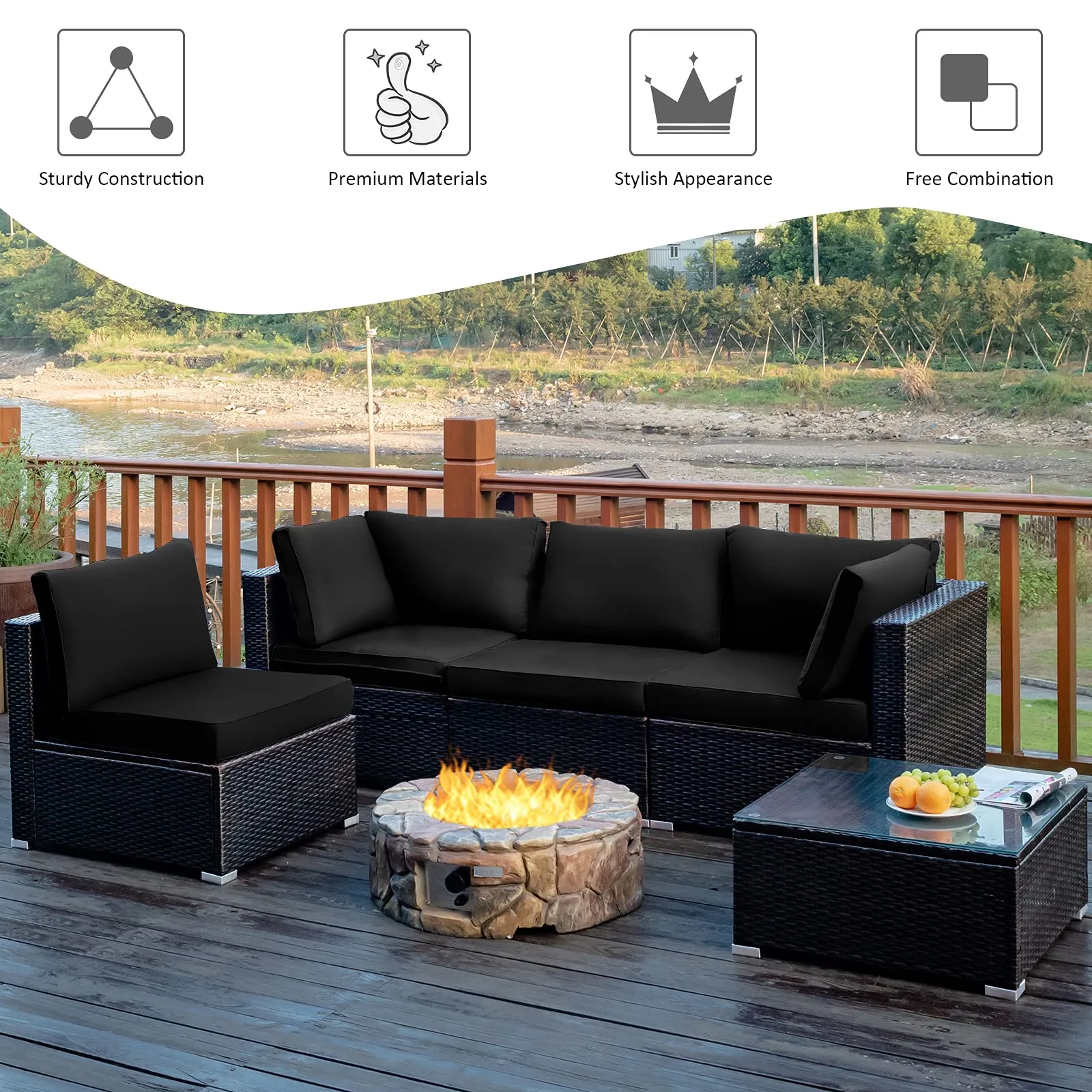 5 Pieces Patio Furniture Set, All Weather Wicker L-Shaped Corner Sofa Set w/Soft Cushions