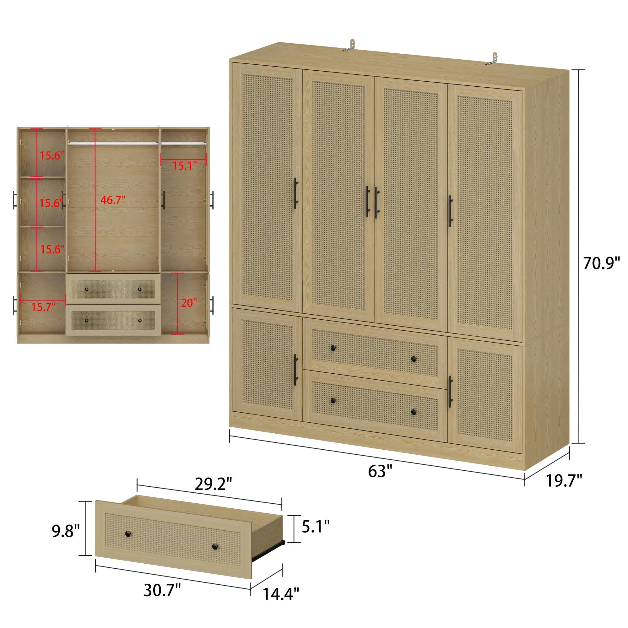 63"W 6-Door Bedroom Wardrobe Cabinet - Spacious Closet Cabinet Armoire