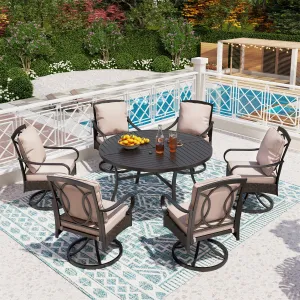 7-Pcs Luxurious Cushioned Swivel Chairs Set with Round Table for Deck-Phi Villa