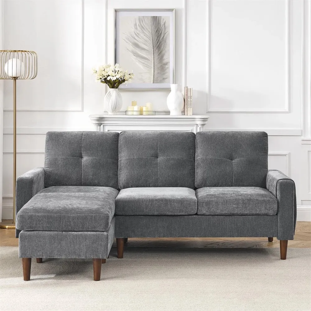 80" Sectional Sofa for Living Room, 3 Seater Couch with Reversible Ottoman, Chenille, Dark Gray