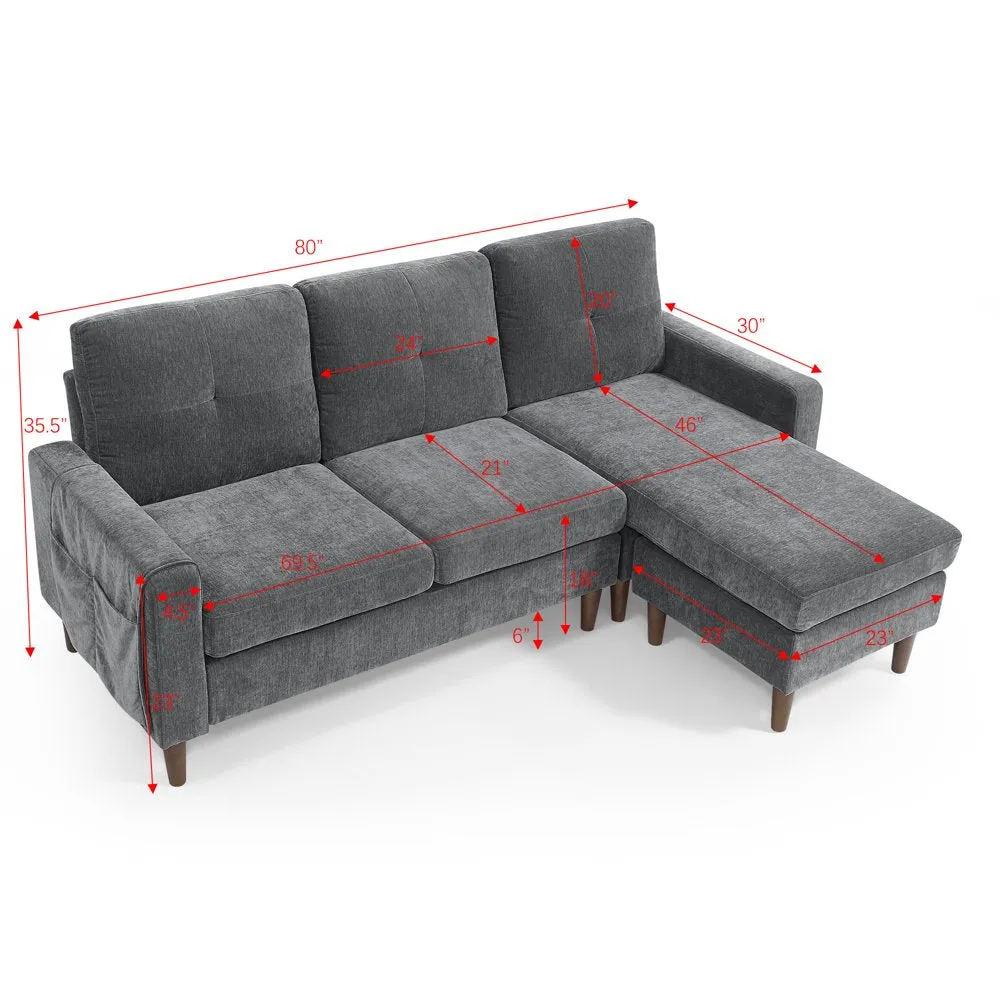 80" Sectional Sofa for Living Room, 3 Seater Couch with Reversible Ottoman, Chenille, Dark Gray