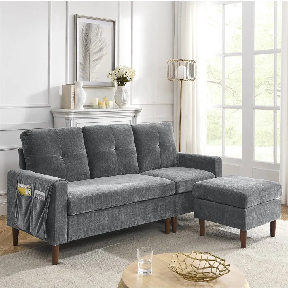 80" Sectional Sofa for Living Room, 3 Seater Couch with Reversible Ottoman, Chenille, Dark Gray