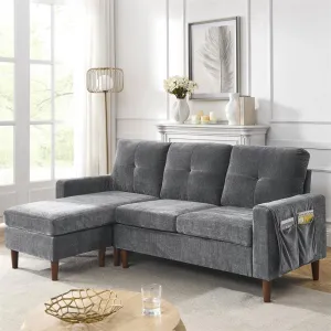 80" Sectional Sofa for Living Room, 3 Seater Couch with Reversible Ottoman, Chenille, Dark Gray