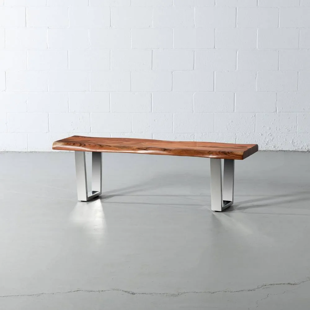 Acacia Live Edge Wood Bench with Chrome U-shaped Legs/Natural Finish