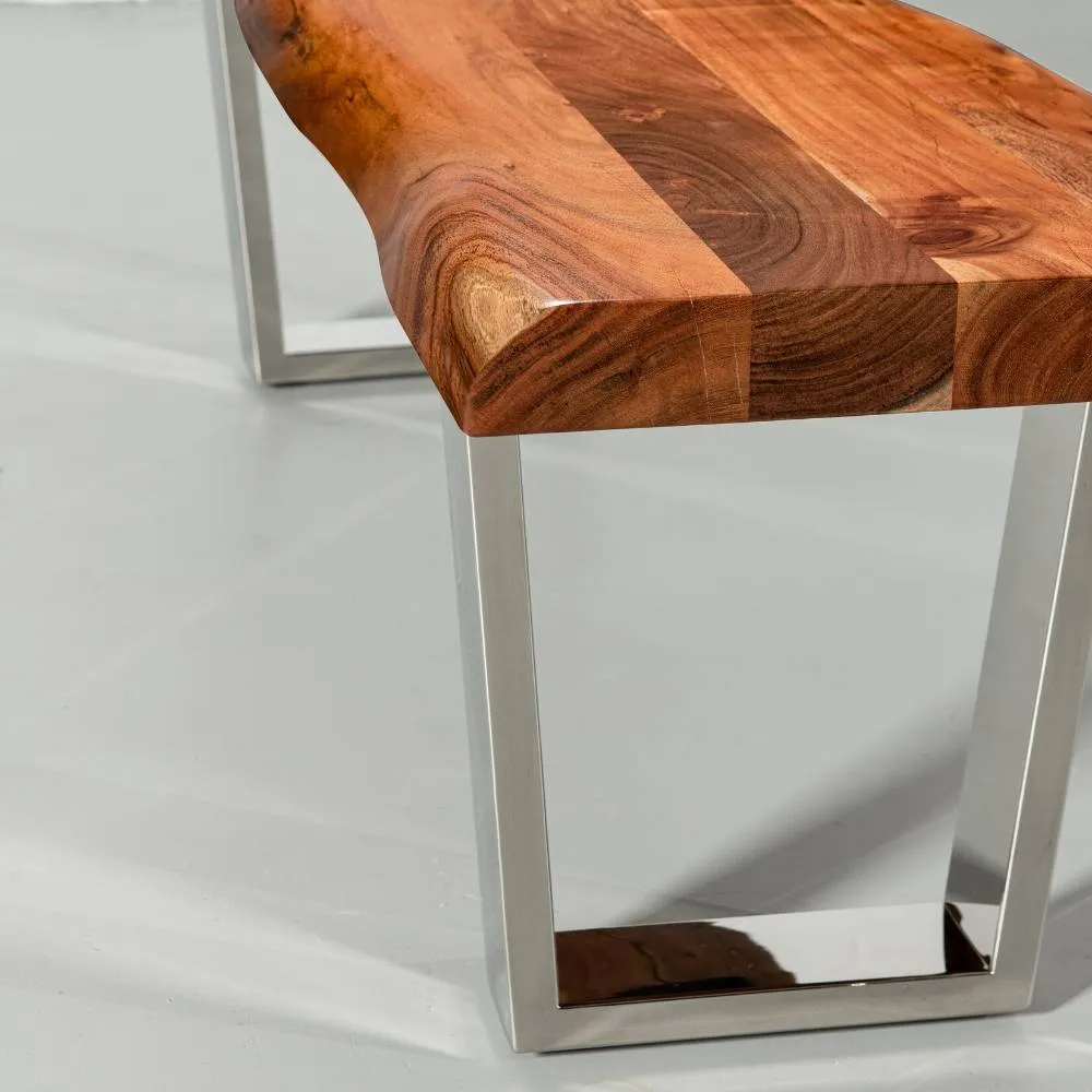 Acacia Live Edge Wood Bench with Chrome U-shaped Legs/Natural Finish