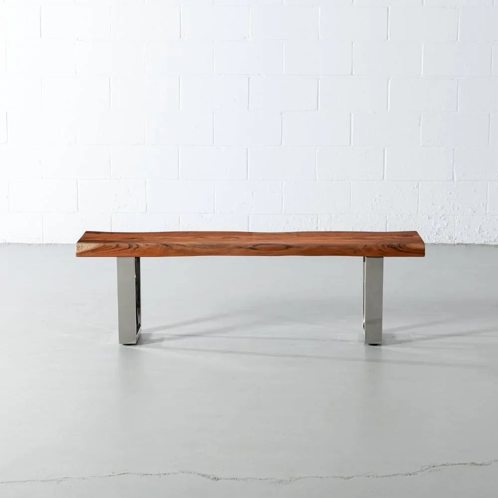 Acacia Live Edge Wood Bench with Chrome U-shaped Legs/Natural Finish