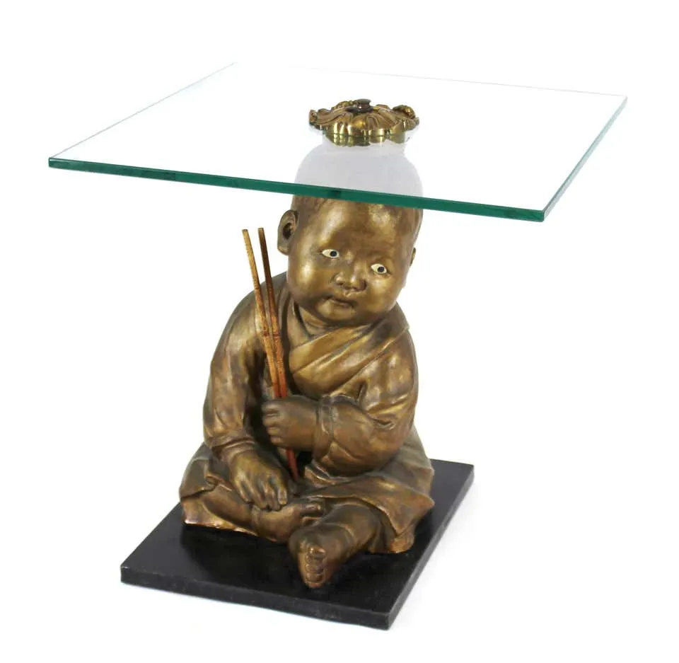 American Chalkware Seated Asian Infant Figure Side Table