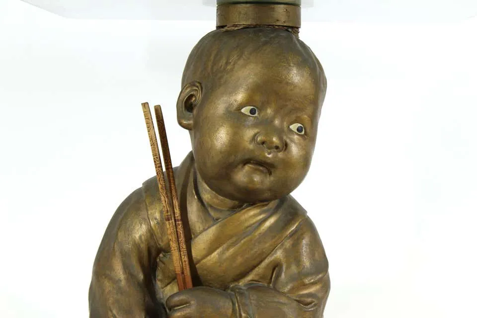 American Chalkware Seated Asian Infant Figure Side Table