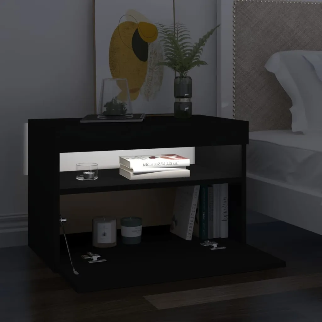 Bedside Cabinet & LED Lights 2 pcs Black 60x35x40 cm Engineered Wood